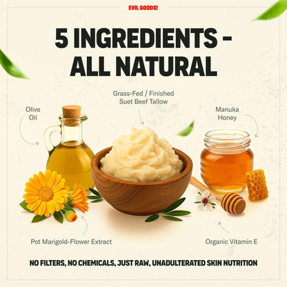EVIL GOODS! Whipped Beef Tallow & Manuka Honey Organic Nourishing Face Cream Moisturizer Body Lotion Skin Care Lip Balm Hydrating Moisturizing 100% Natural Ingredients - Oil